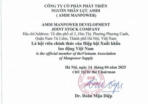 Công ty cổ phần phát triển nguồn nhân lực AMDI (AMDI MANPOWER) nhận giấy chứng nhận trở thành hội viện chính thức của Hiệp hội Xuất khẩu lao động Việt Nam 